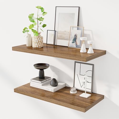 Image of Dreamland 30 inch Floating Shelves for Wall, 12 inch Deep Slim Walnut Floating Shelves, Wall-Mounted Shelves for Bedroom, Living Room, Kitchen, Bathroom - Set of 2