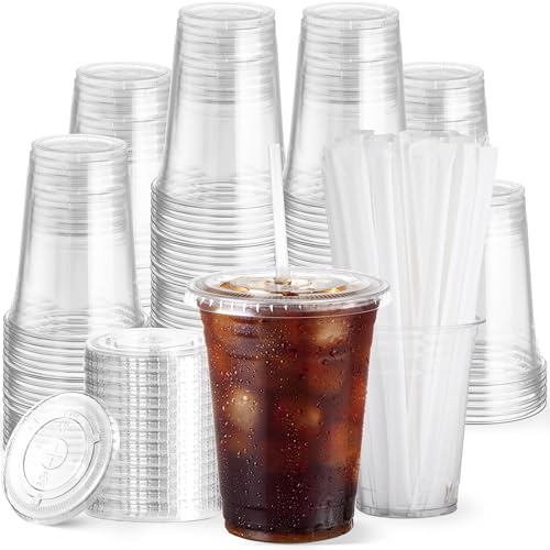 Boxential 100 Pack 16 oz Clear Plastic Cups with Lids and Straws, Disposable Coffee Cups with Lids, To Go Iced Coffee Cups with Lids, Disposable Cups for Party, Smoothie Cup for Cold Drinks