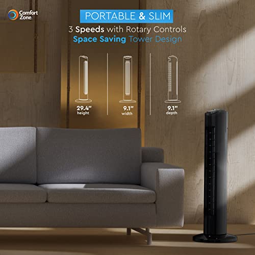 Comfort Zone Cztf290Bk 29" Powerful 3-Speed Oscillating Slim Tower Fan With Performance Blades And Sturdy Base In Black #TOP1