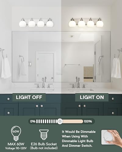 Image of Bathroom Light Fixtures, 4 Light Brushed Nickel Vanity Light, 26 Inch Modern Wall Sconces with Globe Milk White Glass Shade, Vanity Lighting Fixtures Over Mirror, VL195-BN-ML-4