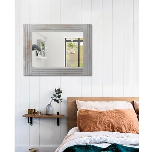 Miroir mural rustique bois vintage gris clair 66x45 cm - 6