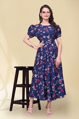 Image of Women's A-Line Crepe Maxi Dress | Stylish Fit and Flare Dress with Round Neck Short Puff Sleeves for Casual Wear