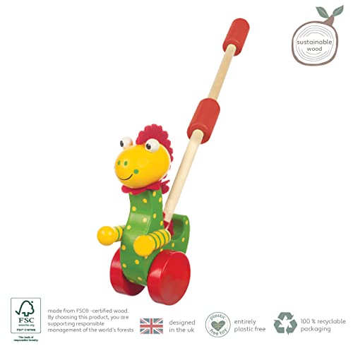 Image of Orange Tree Toys Dinosuar Push Along in Box | Hand Painted Colorful Wooden Toy for Toddlers Age 12m+, Sustainably Made, Perfect for Encouraging First Steps and Developing Key Motor Skills