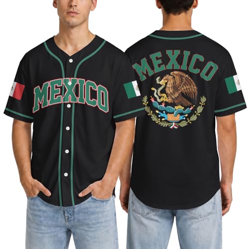 Men's Classic Baseball Jersey - Short Sleeve Button Down Hip-Hop Streetwear Shirt - Lightweight Breathable Mesh Fabric, Mexico