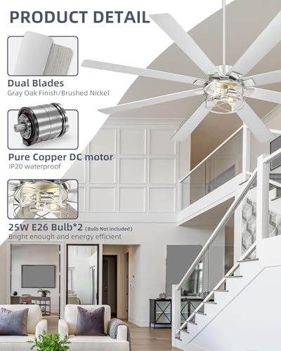 Image of YOUKAIN Ceiling Fans with Lights, 72 Inch Farmhouse Ceiling Fan with Light and Remote, 8-Reversible, Brushed Nickel Finish, Indoor /Outdoor Ceiling Fans for Living Room, Bedroom, 72-YJ632-BNW