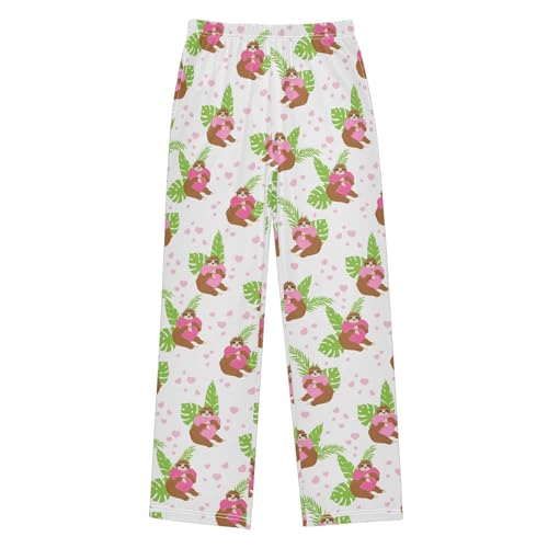 Tropical Sloth Love Heart Boys Long Pants Soft Trousers Elastic Waist Kids Lounge Bottoms with Pockets S-XL