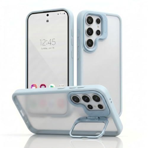 Image of amazon basics Frosted Matte Case for Samsung Galaxy S23 Ultra 5G | Built-in Flip-Out Camera Lens Stand | Translucent Back with Contrast Blue Bumper | Foldable Kickstand