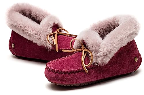 Image of Women's Moccasin Slippers with Warm Wool Lining, Pigskin Leather Non-Slip Rubber Sole for Indoor and Outdoor Casual Winter Flat Shoes