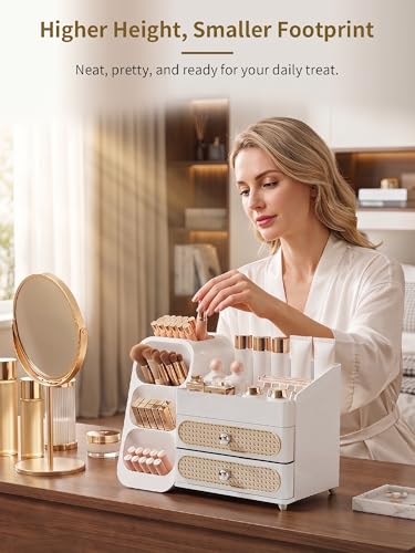 Image of Booklov Makeup Organizer for Vanity, Large Capacity Cosmetic Display Case with Drawers, Countertop Beauty Storage Holder for Skincare, Brush Eyeliner Perfume Eyeshadow Lipsticks, Counter Desk, White