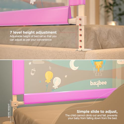 Image of BAYBEE Baby Bed Rails Guard (150x63 cm), Bed Rail for Baby Kids Safety, Portable Bed Rail Falling Protector Fence with Adjustable Height, Foldable Bed Rails for Newborn, Pack of 2, (Pink)