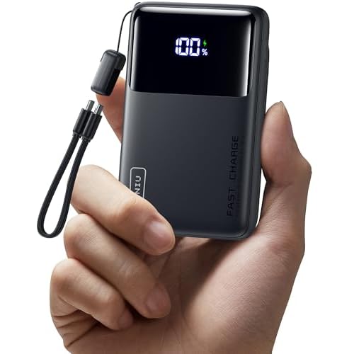 INIU Small Portable Charger, 45W PD Fast Charging 10000mAh Power Bank, Battery Pack with Attached USB C Cable, Travel Essentials Powerbank for iPhone