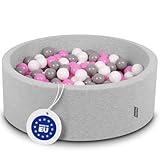 KiddyMoon Bällebad 90X30cm/200 Bälle ∅ 7Cm Bällepool Mit Bunten Bällen Für Madchen Babys Kinder Rund, Hellgrau:Grau/Weiß/Hellpink