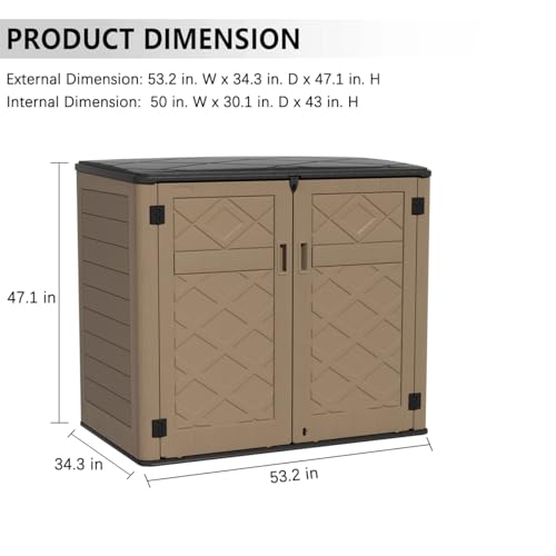 Image of KINYING Larger Outdoor Storage Shed Weather Resistance, Resin Sheds & Outdoor Storage for Garden, Patios, Backyards, 48 Cu.Ft Tool Shed for Garbage Cans, Lawn Mower, Garden Tools,Brown