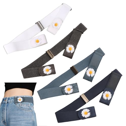 4 PCS Elastic Belt, No Buckle Belt, Invisible Design, Daisy Pattern, Unisex, Suitable for All Types of Pants (White, Light Blue, Dark Blue, Gray)