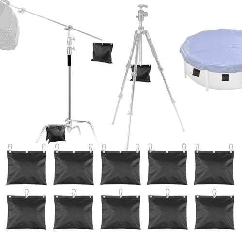 10-Pack Photography Small Sandbags Weight Bag with Carabiner(Max Capacity 15 LBS), 1680D Heavy Duty Oxford Cloth Sand Bag for Photo Studio Light Stand, Video Tripod, C Stands, Pool Cover(No Sand)