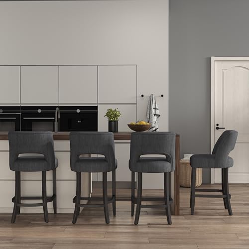Image of VKNOW Bar Stools Set of 2, 26 inch Upholstered Counter Height Bar Stools | Modern Counter Stools with Black Rubberwood Legs for Kitchen Island Dining Room Bar, Dark Grey-Black Legs