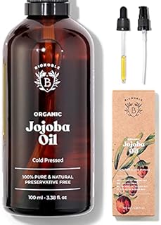 Bionoble Organic Jojoba Oil 100ml - 100% Pure, Natural and Cold Pressed - Face, Body, Hair, Beard, Nails - Vegan and Cruelty Free - Glass Bottle + Pipette + Pump