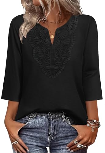 Image of WIHOLL 3 /4 Length Sleeve Womens Tops Boho V Neck Lace Shirt Trendy Blouses Dressy Casual Vacation Clothes S-3XL