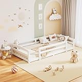 Meulbaty Bodenbett, 90×200 cm | Montessori-Bodenbett mit Rausfallschutz und Bettrahmen, Kiefernholz massiv, 2 Einträge-Design, geeignet für Kinder von 1–3 Jahren, weiß