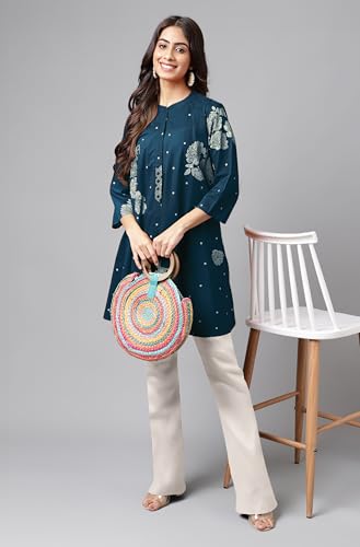 Image of Janasya Women's Pure Cotton Floral Printed Flared Tunic