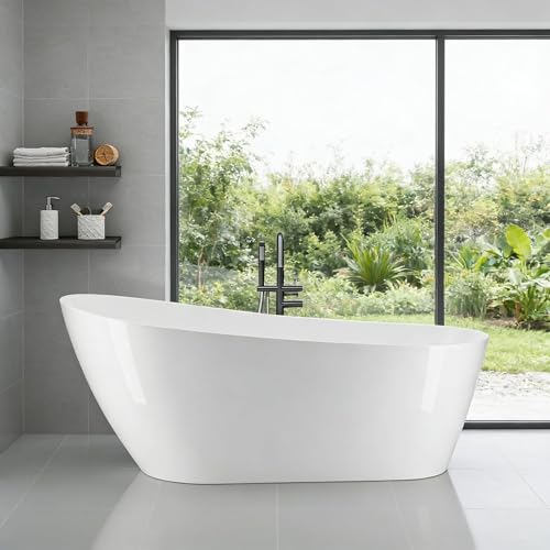 Image of 59 inch Acrylic Freestanding Soaking Bathtub, Contemporary Stand Alone Tub, Ergonomic Deep Soaking Design, Integrated Overflow & Chrome Drain, cUPC Certified