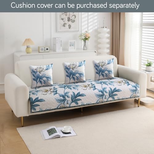 Image of HOKIPO 'HomeHues Series' Printed Quilted Sofa Cover Mat for 2 Seater Sofa, Celadon Blue Camellia (IN-807-D8*1)