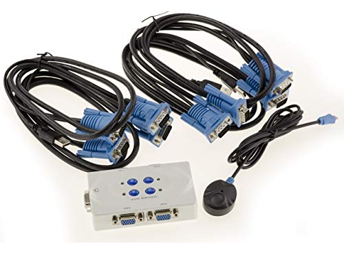 Compatibile con tutti i mouse e le tastiere USB. Il box KVM si collega come segue: Sul box si collega lo schermo tramite il cavo a una porta VGA e la tastiera e il mouse a una porta USB. Quindi si utilizzano i cavi in dotazione per collegare il KVM a ciascuno dei quattro PC. Questi cavi si collegano all'uscita dello schermo VGA e a una porta USB di ciascun PC.