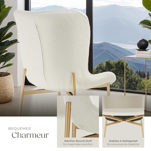 tectake® Polsterstuhl, Bouclé Stoff, Stuhl für Küche, Esstisch, Sessel für Schminktisch, oder Cocktailsessel, als Elegante Esszimmerstühle oder Wohnzimmerstühle für edles Dining - Bouclé weiß/Gold