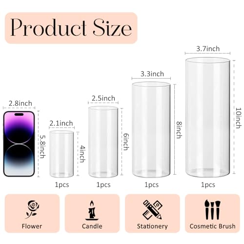 KEYWING 4 Pack Glass Cylinder Vase for Centerpieces with 4, 6, 8, 10 Inch Tall, Clear Glass Flower Vases Set Candle Holder for Wedding, Party and Home Office Decor - Thumbnail 2