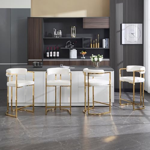 Butacos de Bar Gold Barrel, Juego de 4, Tapizados en Chenilla Moderna, con Estructura Dorada y Reposapiés, Ideal para Isla de Cocina, Bar en Casa o Pub miniatura 3