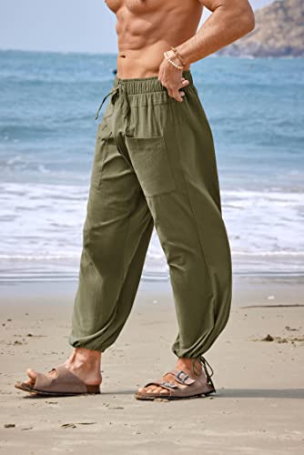 Gafeng Mens Linen Pants Drawstring Loose Fit Elastic Waist Casual Cropped Pants Yoga Harem Trousers With Pockets Army Green #TOP2