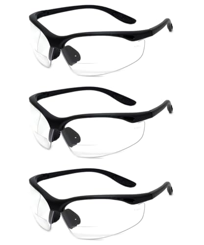 Calabria 91348 3 Pack Bulk Bifocal Safety Glasses Readers +1.50 Clear Men Women Wraparound Eye Protection Protective Eyewear