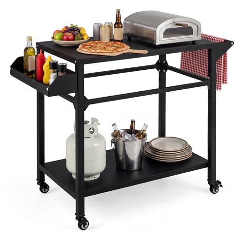 COSTWAY Chariot de Barbecue d'Extérieur 2 Niveaux, Desserte de Jardin avec 4 Roues Porte-Serviettes Porte-Épices Étagère Plan de Travail, Table de Four à...