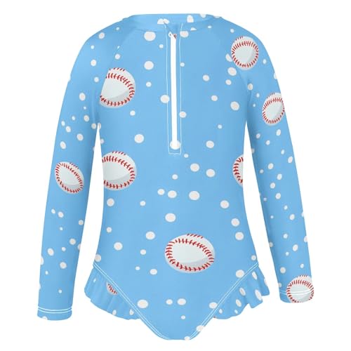 Girls One Piece Swimsuits Baseball White Dots Blue Pattern Beach Swimwear Long Sleeve Bathing Suit2