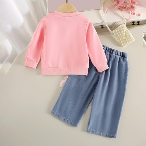 Teen Girls Y2K Trendy Sets Girl Long Sleeve Bow Sweatshirt Pollover Tops Wide Leg Denim Pants Kids Fall Winter Cute Outfits3