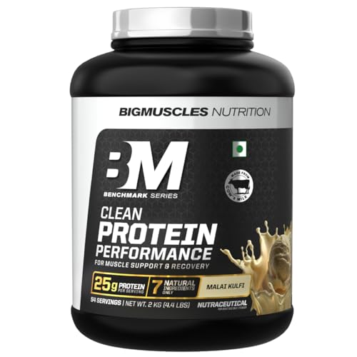 Bigmuscles Nutrition Clean Whey Protein Performance [2kg, Malai Kulfi] | 25g Protein with 7 Natural Ingredients Only | Isolate + Concentrate | No Added - Sugar, Colours, Artificial Sweeteners | Lab Tested