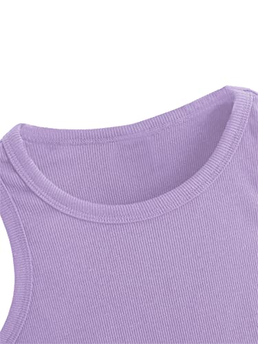 Image of Milumia Girls Shirt 2 Pack Ribbed Knit Round Neck Casual Baisc Crop Tank Top (Multi White Purple, 7 Years, Sleeveless)