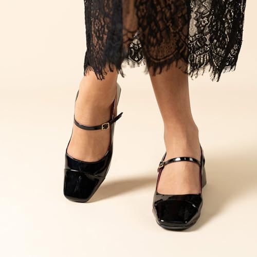 Image of Theater Women Twiggy Mary Jane Block Heel Sandals with Square Toe and Adjustable Buckle Slingback | Cushioned Comfort for Office & Formal Wear
