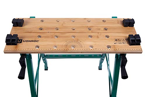 VONROC Banco de trabajo plegable con una capacidad de carga de hasta 150 kg – Provisto de un tablero de bambú