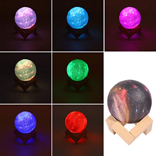Lâmpada LED Starry Night Light 3D Moon com suporte de madeira (controle remoto, 16 cores)