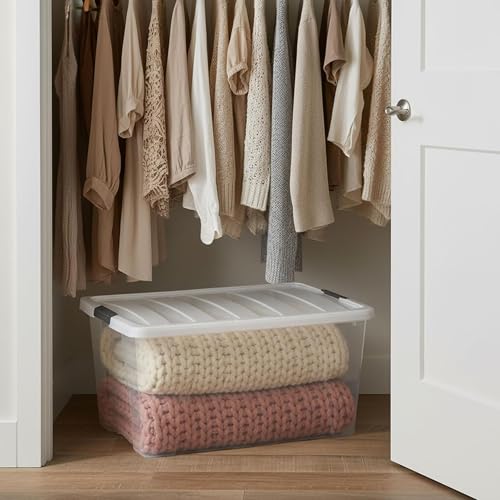 Image of IRIS USA 94 Qt Stackable Plastic Storage Bins with Lids, 8 Pack - BPA-Free, Made in USA - See-Through Organizing Solution, Latches, Durable Nestable Containers, Secure Pull Handle - Clear /White
