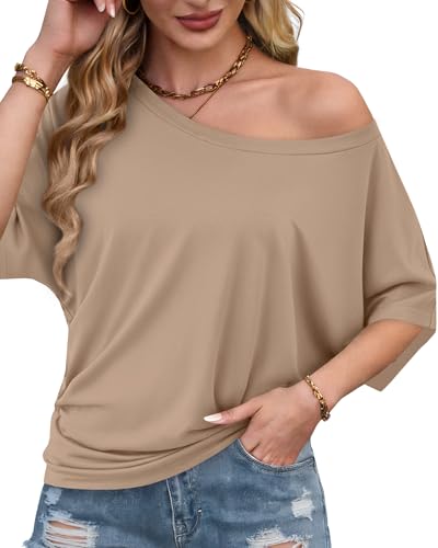 Image of Hilinker Womens Sexy Off The Shoulder Tops Short Batwing Sleeve T Shirt Oversized Casual Tee Khaki Medium