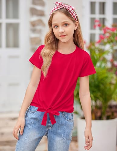 Image of Arshiner Girls Short Sleeve Shirts Tie Knot Front Tops T Shirts for Kids Crewneck Cute Casual Tie Dye Tee Blouse