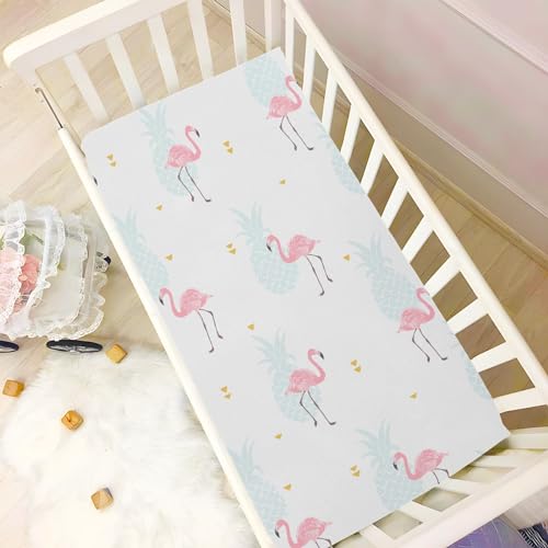 Image of CaTaKu Baby Crib Sheets Cute Pineapple Flamingo Hawaii Mini Crib Sheets Fitted for Girls Boys,Neutral Soft Toddler Mattress Bed Sheets for Crib,27 inchx 39 inch