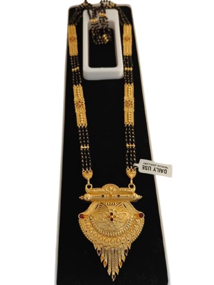 JAITU JEWELS Imperial Matte Gold-Plated Long Mangalsutra | Grand Ethnic Temple Pendant with Artisan Floral Enameling | Triple-Strand Handcrafted Black Bead Mala | 24-Inch Traditional Suhag Necklace for Weddings