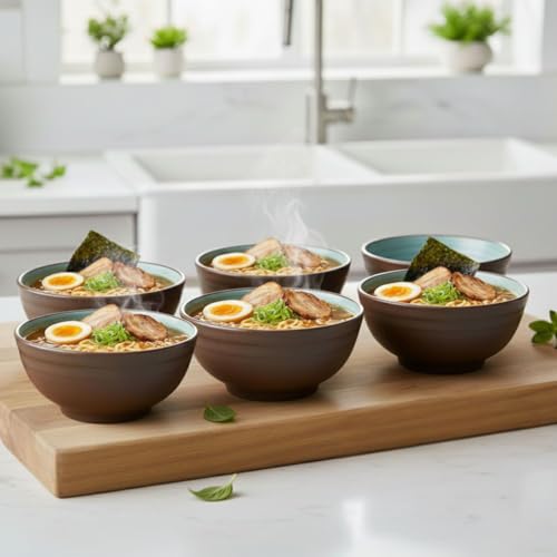 Image of Freakway 6-Piece Modern Stoneware Bowl Set, Rustic Brown & Turquoise Ceramic Bowls, Round Shape, Dishwasher Safe, Microwave Safe for Everyday Dining
