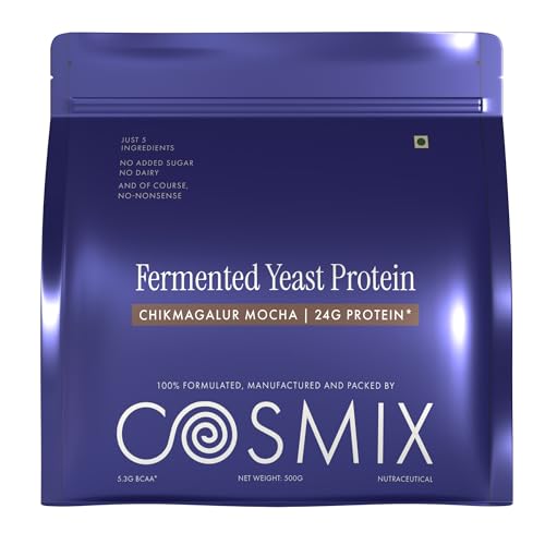 Image of Cosmix Fermented Yeast Protein Powder | 24g Protein | Pure Single-Source Plant Protein | Made In-House | Smooth, Crazy tasty & Gut-Friendly | Chikmagalur Mocha, 500g Pouch