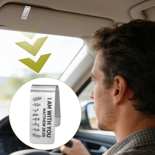 Image of Engraved Stainless Steel Car Visor Clip, Religious Visor Clip with I Am with You Printed Matthew 28 20 Sign for Women Men New Friends Family Driver Gifts