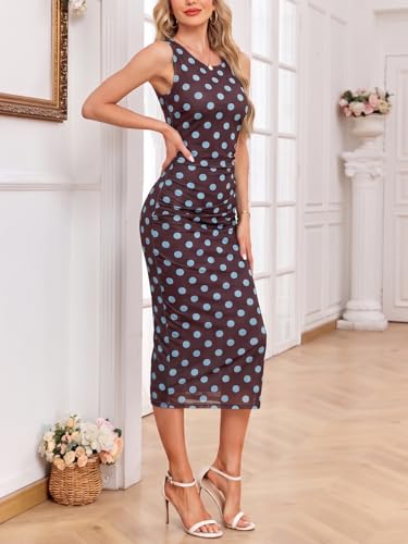 Image of oten Women's Floral Bodycon Midi Dress Ruched Mesh Sleeveless Summer Wedding Guest Cocktail Party Dress with Slit