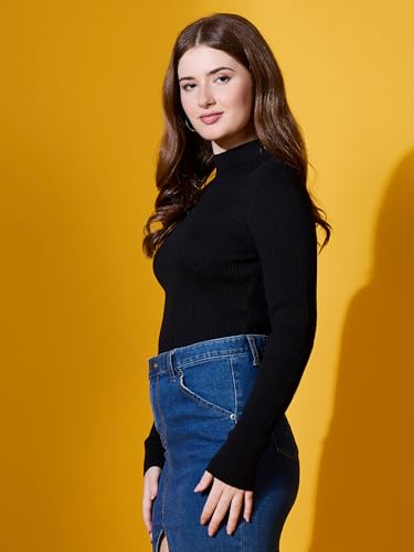Image of 98 Degree Women Pure Cotton High Neck Sweater Has A Full Sleeve & Straight Hem-AW25AZG1136-BLACK